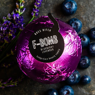 This adult bath bomb is scented with lavender and blueberry and made by Badgerface Beauty Supply.