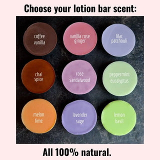 Natural, beautiful, and scented with nine different tantalizing essential oil blends, our solid lotion bars make a great way to green your routine.