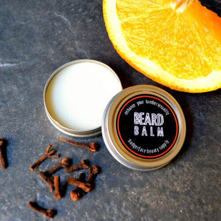 Choose a beard balm that smells good: this orange clove beard balm from Badgerface Beauty Supply.