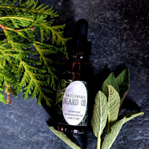This Cedarwood Sage Beard Oil. will elevate your skincare routine by incorporating a natural Beard care product. It's made by Badgerface Beauty Supply