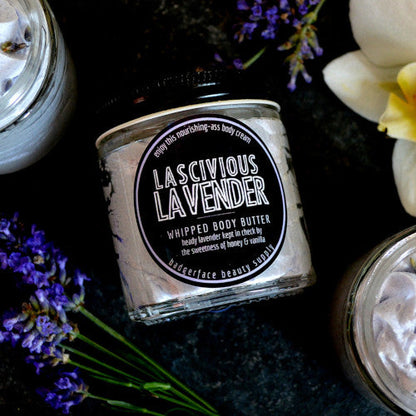 Our Lavender body butter features a blend of lavender, vanilla, and honey scents.