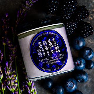 Our foaming blueberry lavender body scrub will make a great boss day gift for her.