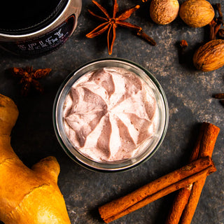 Experience the creamy texture of our holiday body scrub, scented with cinnamon and ginger.