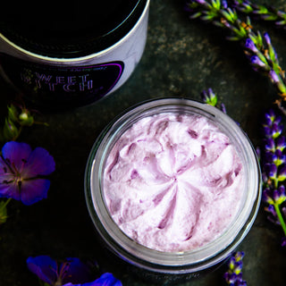 Experience the creamy texture of our lavender body scrub, made with real shea butter.