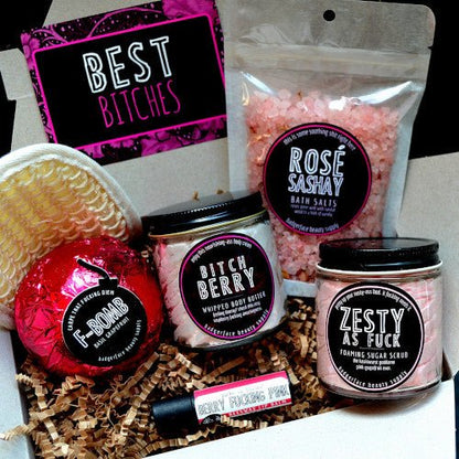 This Best Bitches Gift Set. will elevate your skincare routine by incorporating a natural Bath gift set. It's made by Badgerface Beauty Supply