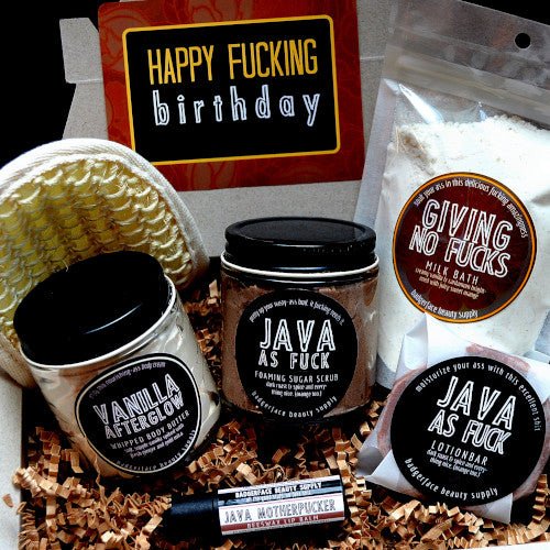 This Happy Fucking Birthday Gift Set. will elevate your skincare routine by incorporating a natural Bath gift set. It's made by Badgerface Beauty Supply