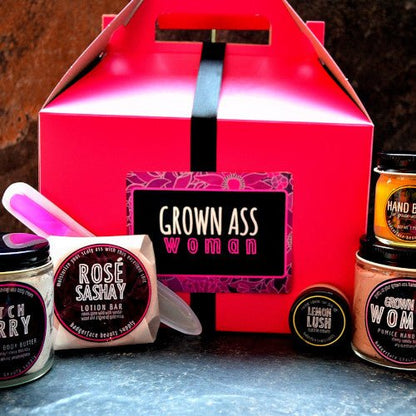 This Grown Ass Woman Gift Set. will elevate your skincare routine by incorporating a natural Bath gift set. It's made by Badgerface Beauty Supply