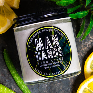 Badgerface Beauty Supply's hand scrub for men is scented with pure lemon and eucalyptus essential oils.