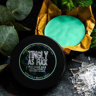 This tingly massage bar is made with natural ingredients by Badgerface Beauty Supply.