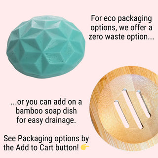 Anti-dandruff conditioner bar packaging options include travel tin, bamboo soap dish, or zero waste.