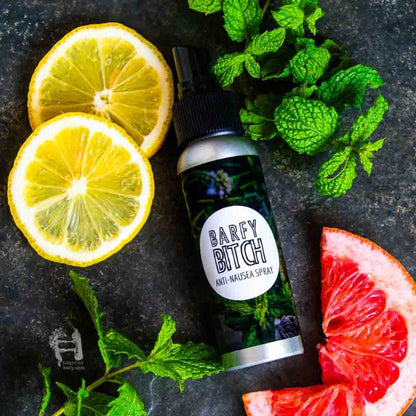 This natural anti-nausea spray is made with anti-nausea ingredients like peppermint, lemon, and grapefruit essential oils.