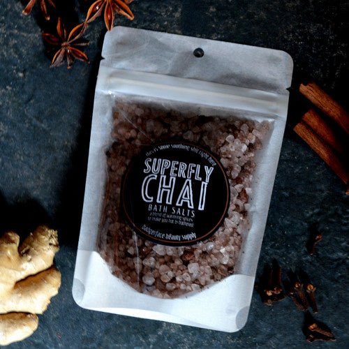 This Superfly Chai Bath Salts. will elevate your skincare routine by incorporating a natural Bath salt. It's made by Badgerface Beauty Supply