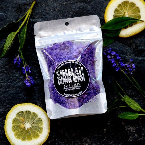 This Simmah Down Bitch Bath Salts. will elevate your skincare routine by incorporating a natural Bath salt. It's made by Badgerface Beauty Supply