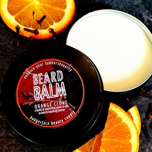 This Large Orange Clove Beard Balm. will elevate your skincare routine by incorporating a natural Beard care product. It's made by Badgerface Beauty Supply