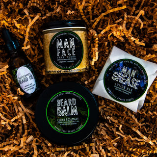 Beard care products like beard oil and beard balm fill our beard grooming kit for men.