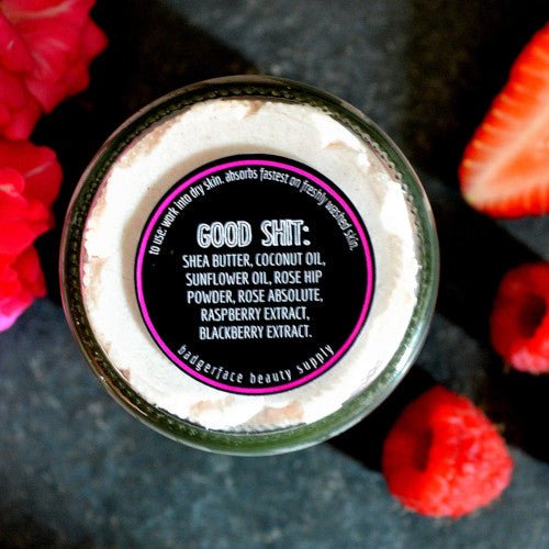 This Bitchberry Body Butter. will elevate your skincare routine by incorporating a natural Body butter. It's made by Badgerface Beauty Supply