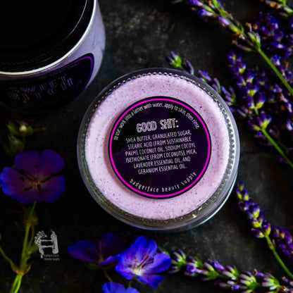 Badgerface Beauty Supply's lavender body scrub is made with natural ingredients like shea butter and lavender essential oil.