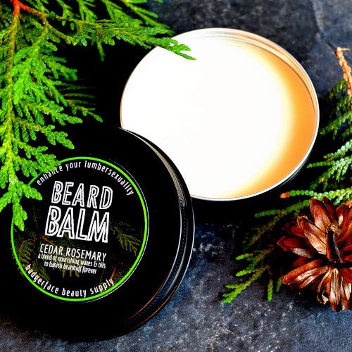 This cedarwood beard balm is scented with pure cedarwood and rosemary essential oils.