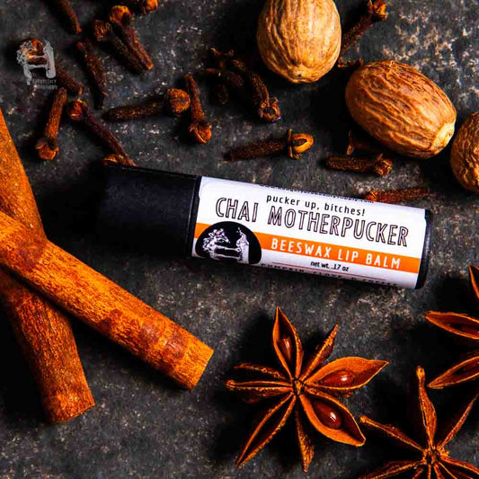 This chai lip balm is made by Badgerface Beauty Supply's natural bath and beauty products shop.