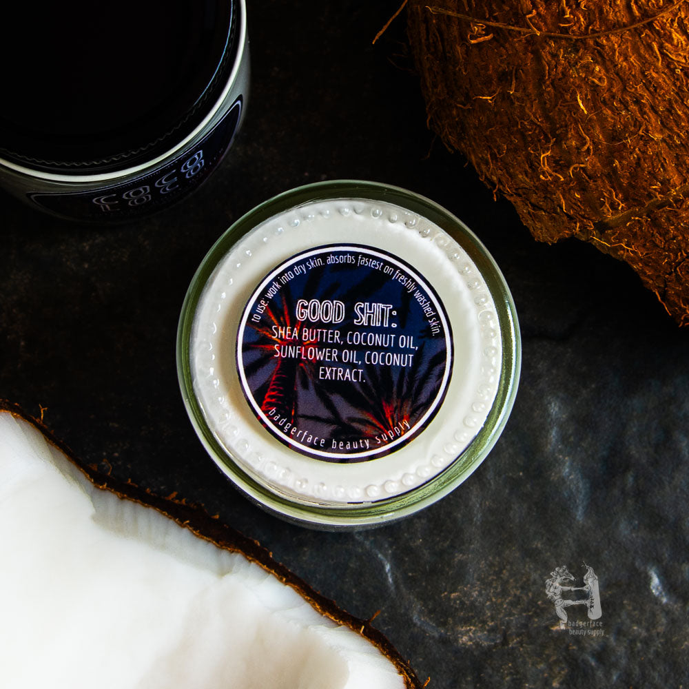 This coconut body butter is made with natural ingredients like coconut oil, shea butter, and coconut extract.