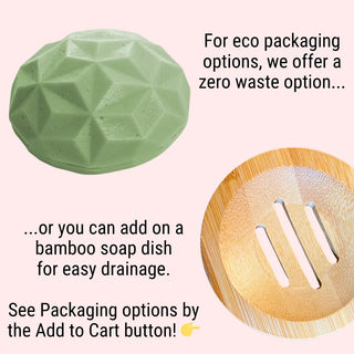Our conditioner bar for oily hair packaging options include travel tin, bamboo soap dish, and zero waste.