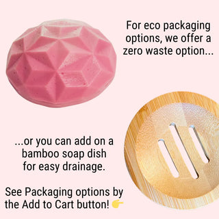 Conditioner bar packaging options include travel tin, zero waste, and bamboo soap dish.