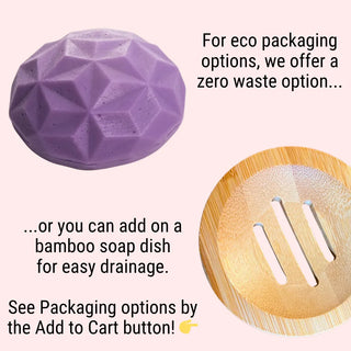 Packaging options for this conditioner bar for thinning hair include travel tin, bamboo soap dish, and zero waste.