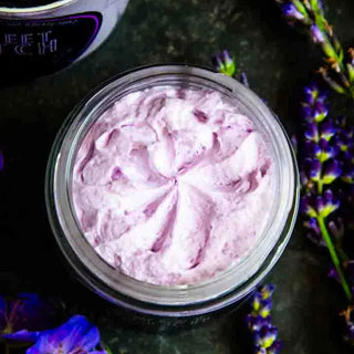 Experience the creamy texture of our lavender body scrub, made with real shea butter.