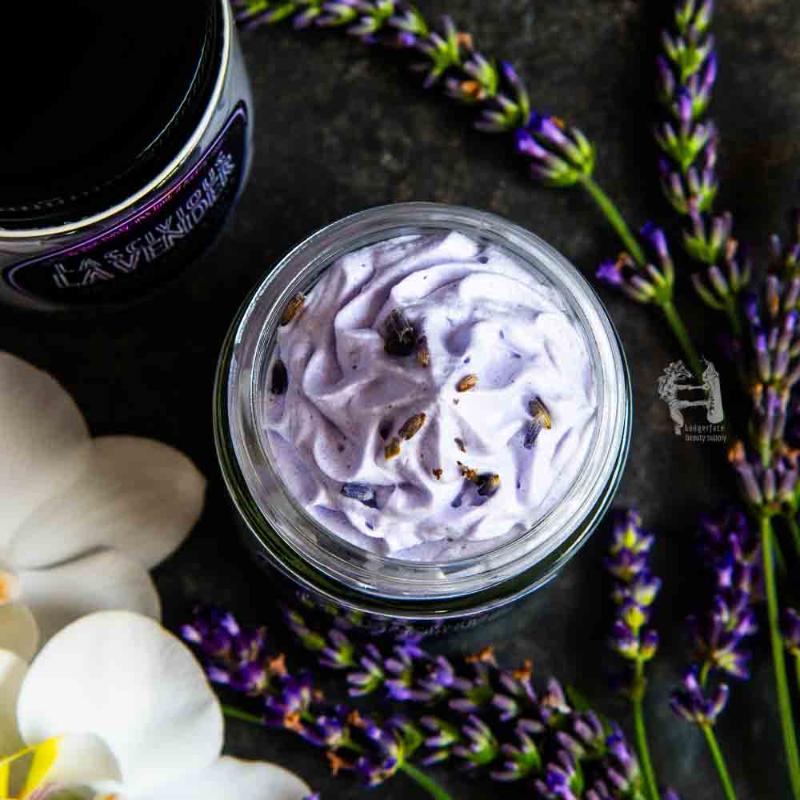 Experience the creamy texture of this lavender shea butter, made by Badgerface Beauty Supply.