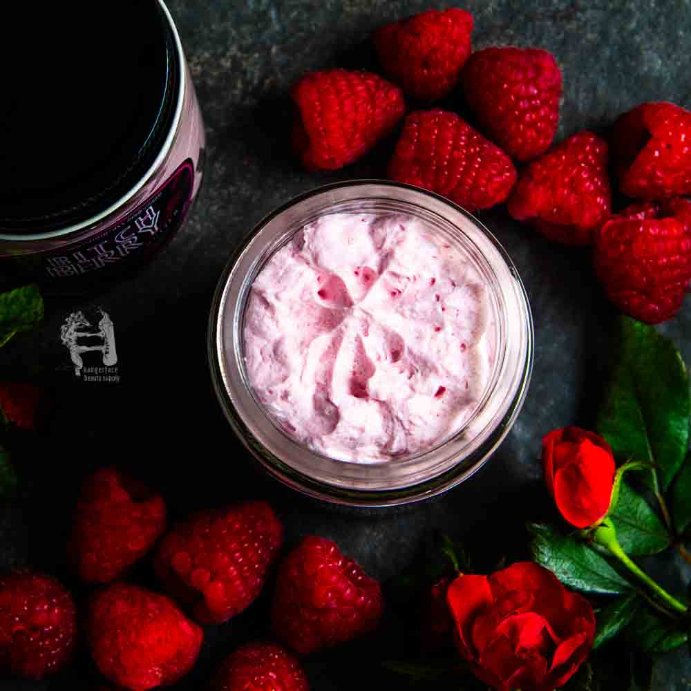 Experience the creamy texture of this raspberry rose body butter, made with natural shea butter.