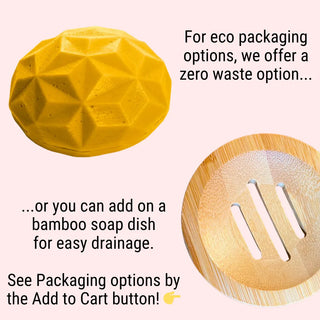 Packaging options for our curly hair conditioner bar include travel tin, bamboo soap dish, or zero waste.
