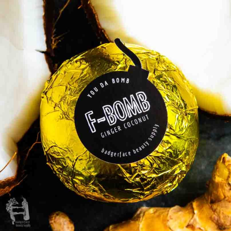 Embrace relaxation with this f-bomb bath bomb, scented with ginger and coconut.