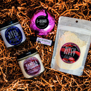 This funny boss day gift includes a wealth of natural bath products like body butter, bath bomb, and lip balm.