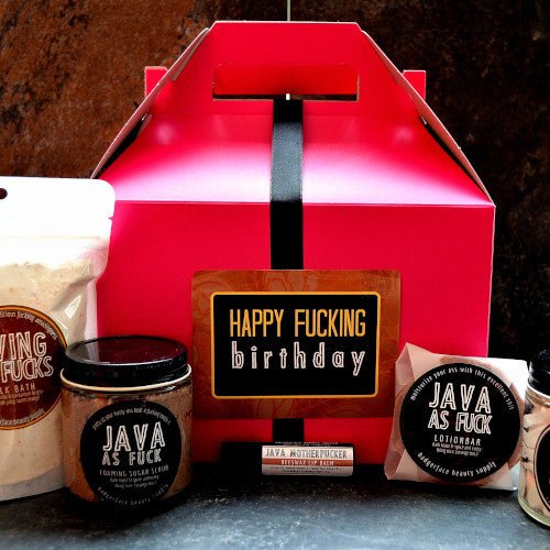 This Happy Fucking Birthday Gift Set. will elevate your skincare routine by incorporating a natural Bath gift set. It's made by Badgerface Beauty Supply