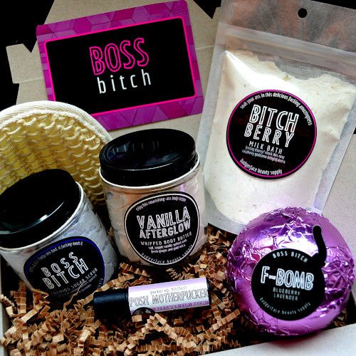 This Boss Bitch Gift Set. will elevate your skincare routine by incorporating a natural Bath gift set. It's made by Badgerface Beauty Supply