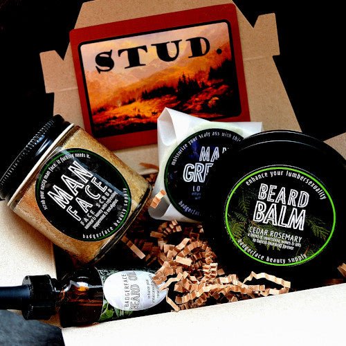 This STUD Gift Set. will elevate your skincare routine by incorporating a natural Men's gift set. It's made by Badgerface Beauty Supply