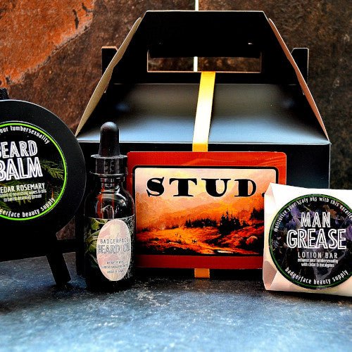 This STUD Gift Set. will elevate your skincare routine by incorporating a natural Men's gift set. It's made by Badgerface Beauty Supply