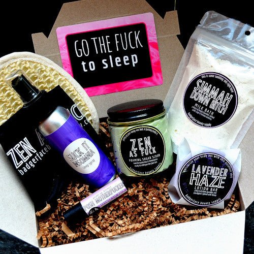 This Go the Fuck to Sleep Gift Set. will elevate your skincare routine by incorporating a natural Bath gift set. It's made by Badgerface Beauty Supply