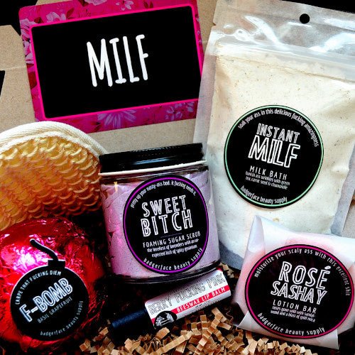 This MILF Gift Set. will elevate your skincare routine by incorporating a natural Bath gift set. It's made by Badgerface Beauty Supply