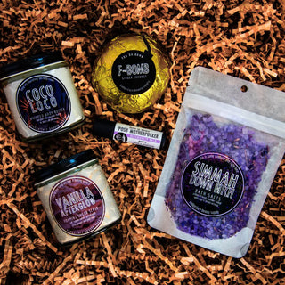 This gift box for relaxation includes quality natural products that promote self care and ease stress, like body butter and bath bombs.
