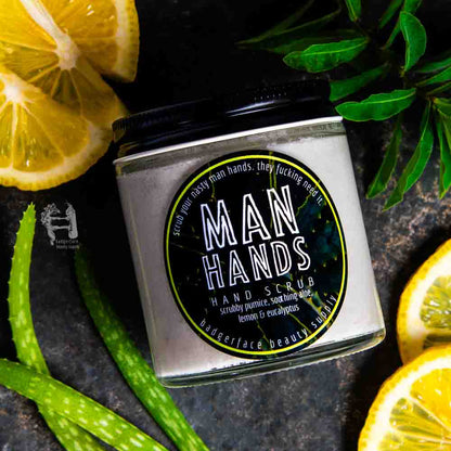 Badgerface Beauty Supply's hand scrub for men is scented with pure lemon and eucalyptus essential oils.