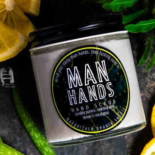 Badgerface Beauty Supply's hand scrub for men is scented with pure lemon and eucalyptus essential oils.