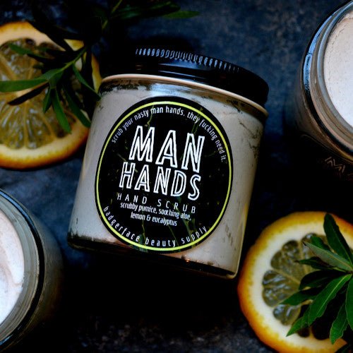This Man Hands Hand Scrub. will elevate your skincare routine by incorporating a natural Men's skincare. It's made by Badgerface Beauty Supply