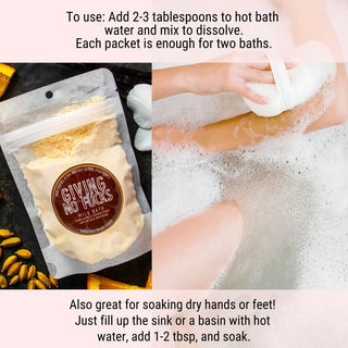 To use this orange vanilla milk bath, simply empty half a packet into a hot bath, step in, and soak.