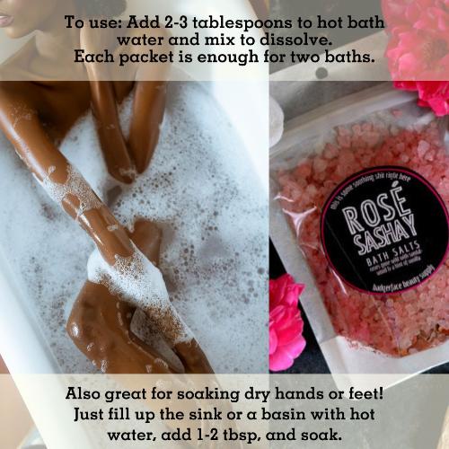 To use rose bath salts, simply empty half a packet into a hot bath, step in, then soak.