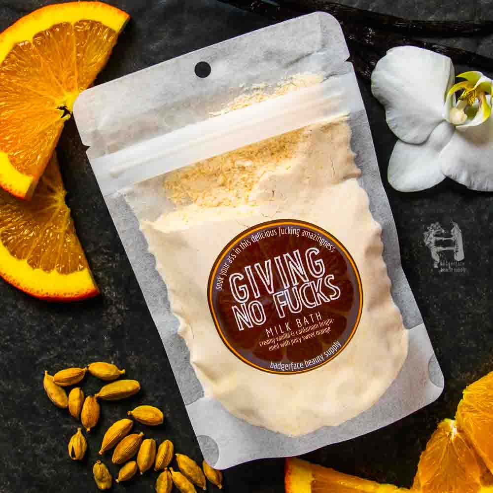 Relax your cares away with this IDGAF milk bath. It's all natural and scented with vanilla and sweet orange.