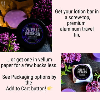 Choose among our packaging options for your lilac lotion bar: zero-waste vellum or metal travel tin.