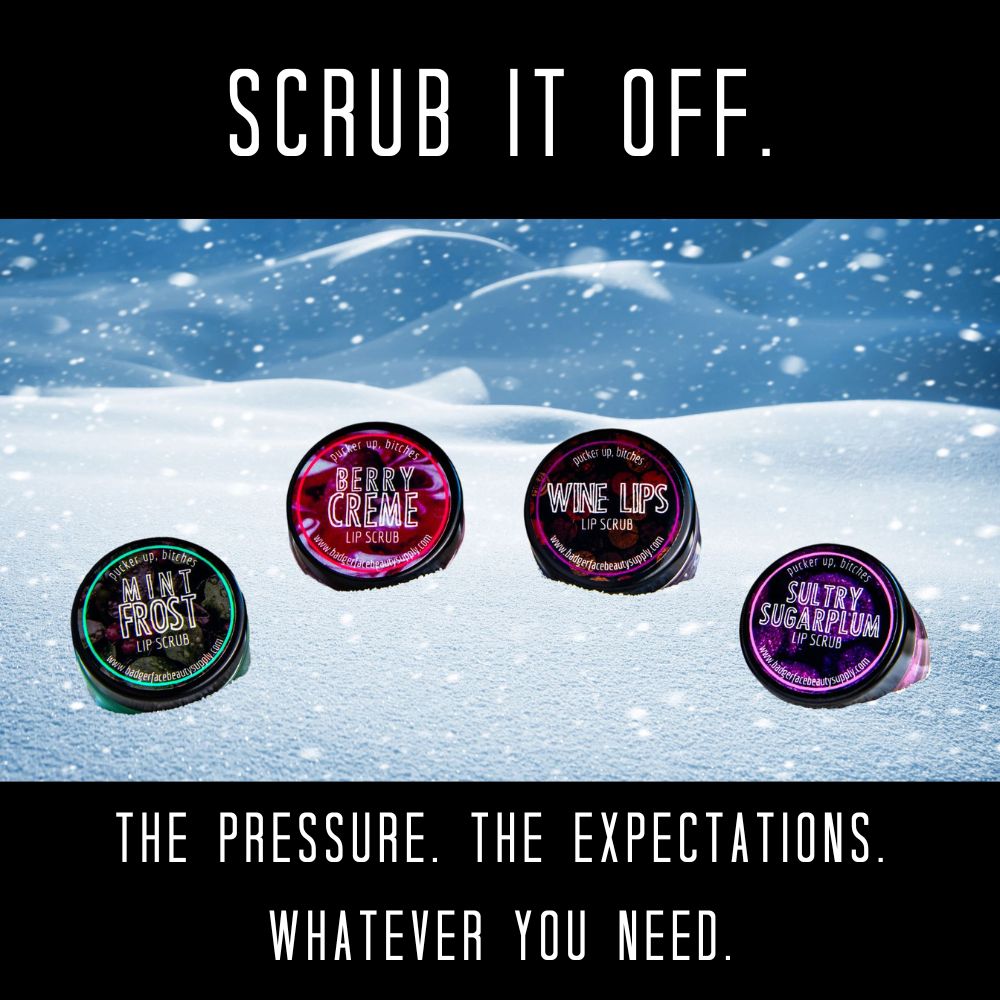 Four luscious flavors of lip scrub are made by Badgerface Beauty Supply.