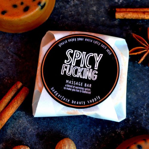 This Spicy Fucking Massage Bar. will elevate your skincare routine by incorporating a natural Lotion bar. It's made by Badgerface Beauty Supply