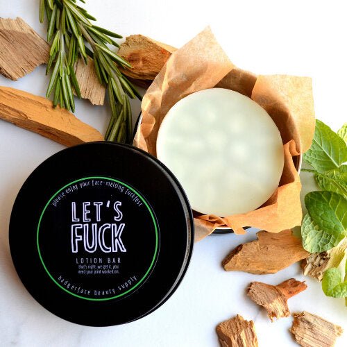 This Let's Fuck Lotion Bar. will elevate your skincare routine by incorporating a natural Lotion bar. It's made by Badgerface Beauty Supply